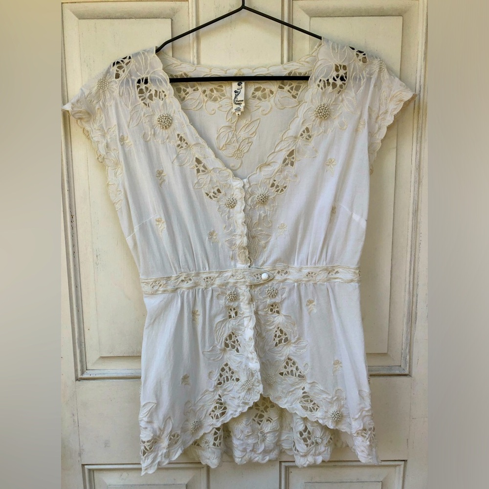 Anthropologie Floreat Elegant Cotton White Lace Blouse